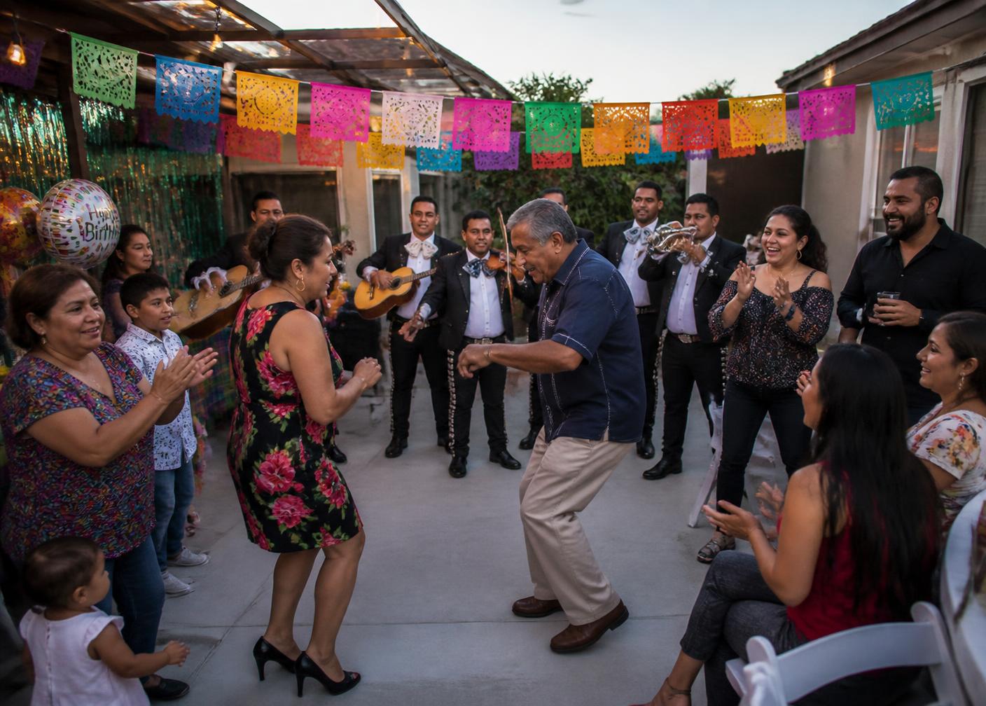 Familia bailando y aplaudiendo en una fiesta con mariachi en un patio.