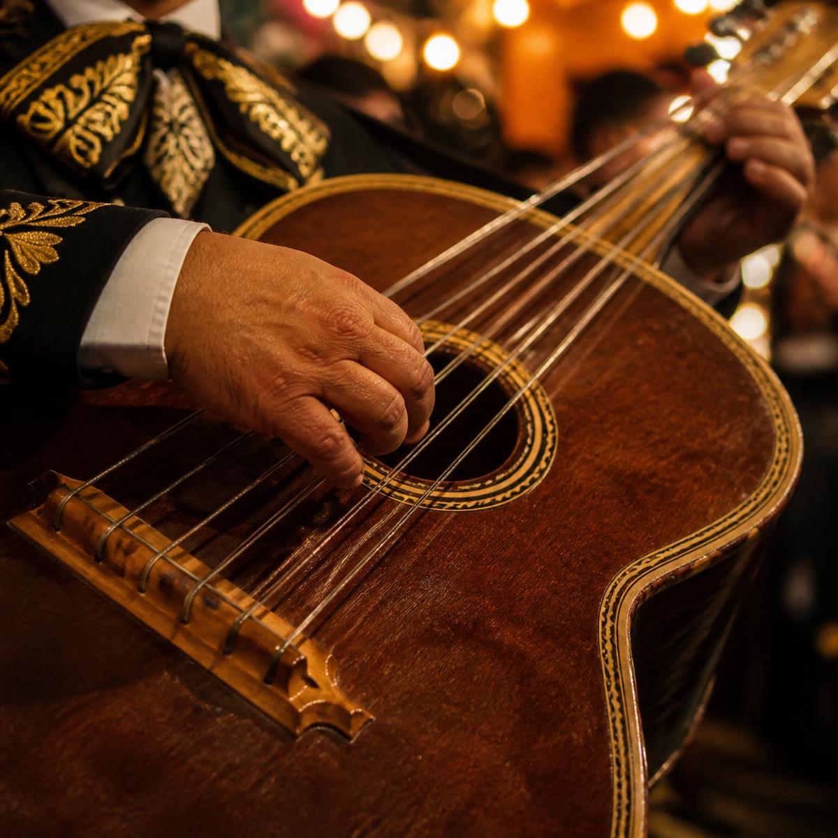 Detalle de las manos de un músico tocando el guitarrón.