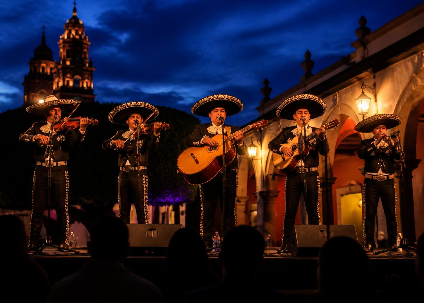 Mariachi tocando en un escenario de plaza durante el atardecer.