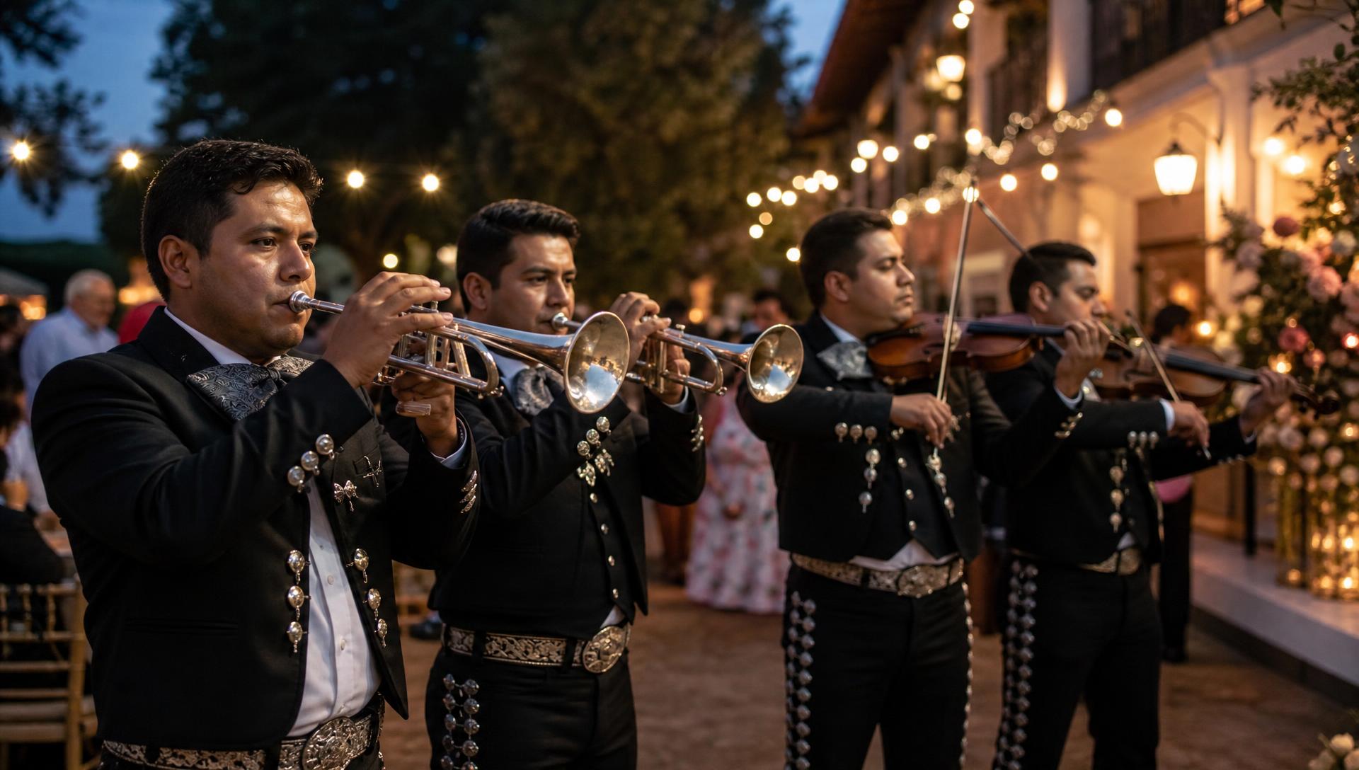 Mariachi con trajes de charro tocando trompetas y violines durante una celebración al aire libre.
