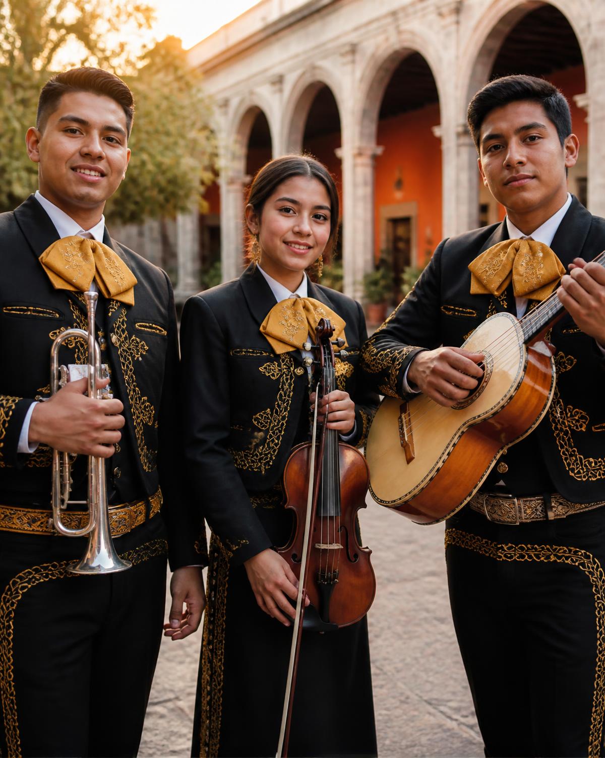 Músicos jóvenes de mariachi con trajes de charro sosteniendo trompeta, violín y vihuela.